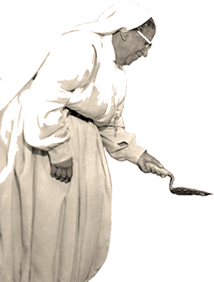 Irmã Benigna com colher de pedreiro